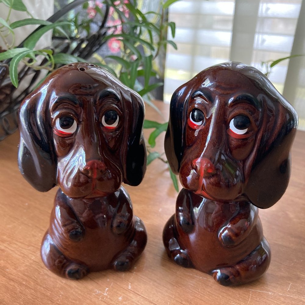 Vintage Red Ware Japan Sad Eyed Blood Hounds Salt & Pepper Shakers